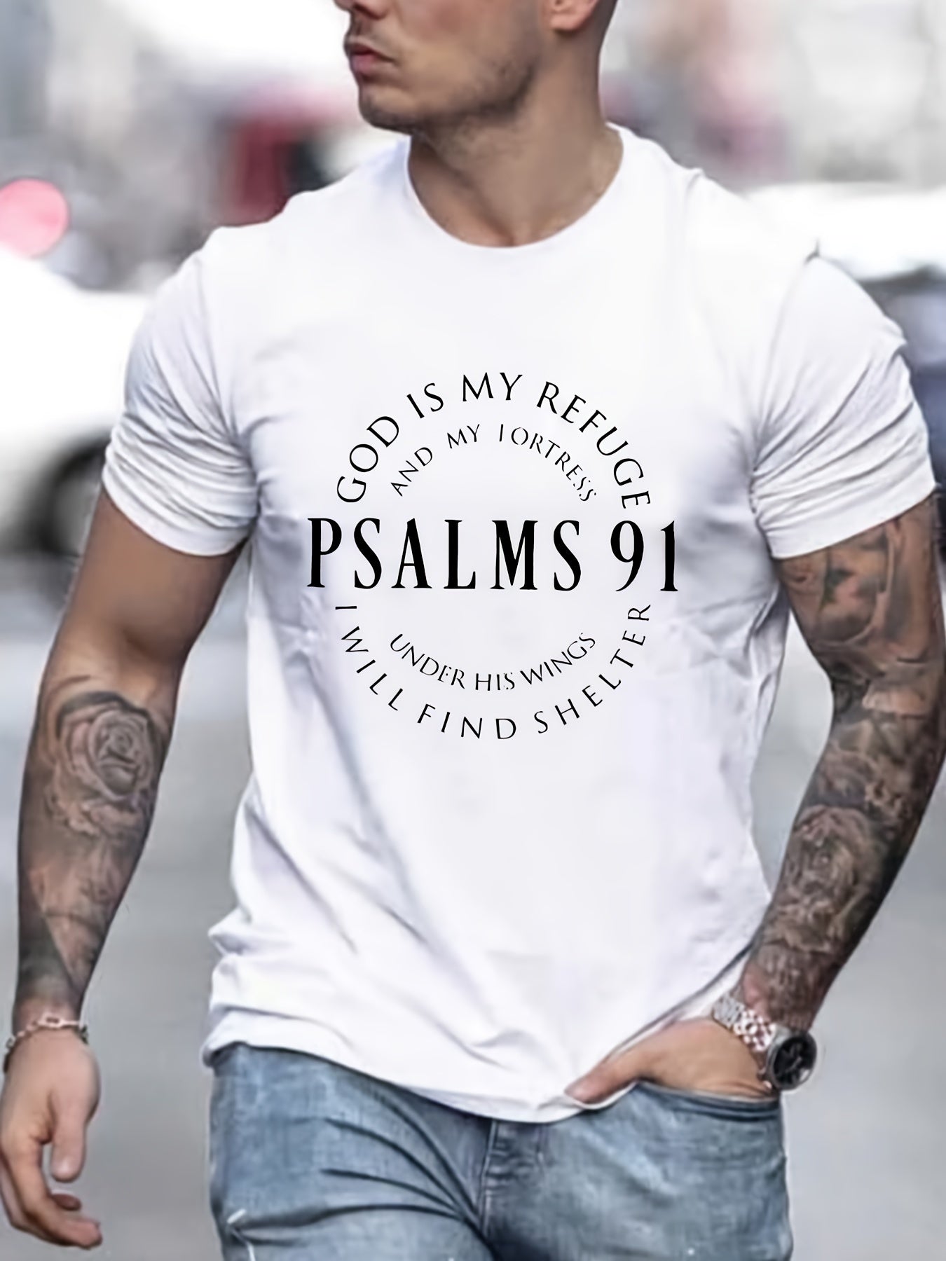 Men's Graphic Tee with PSALMS 91 & Ring Pattern Print - Trendy Summer Clothes for Men