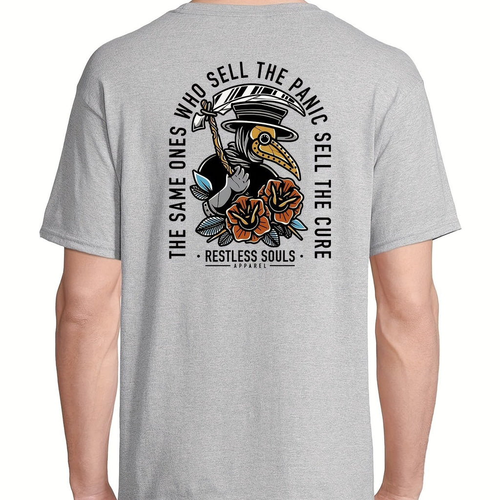 Raven Doctor Print Men's Short Sleeve T-Shirts, Comfy Casual Elastic Crew Neck Tops For Men's Outdoor Activities