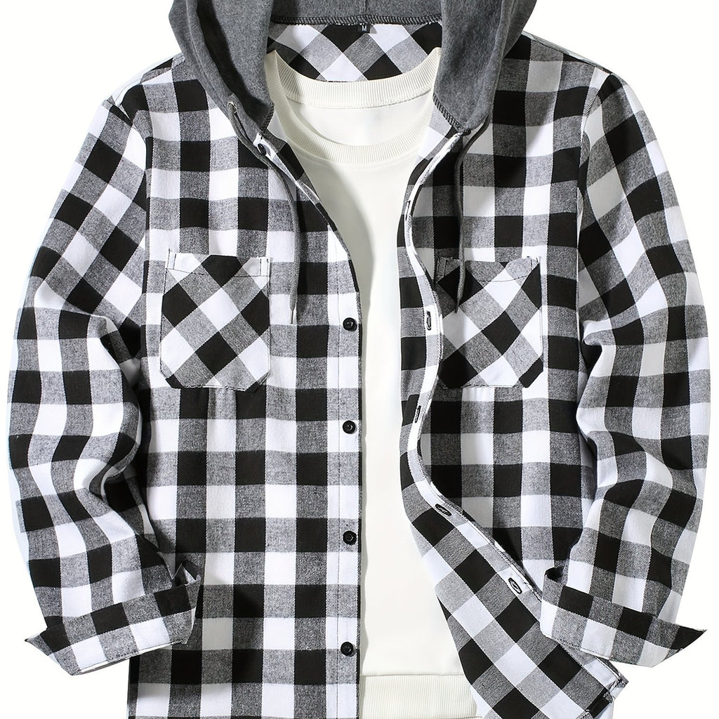Stylish Casual Men's Classical Plaid Design Hooded Long Sleeve Shirts Top For Outdoor Spring And Fall