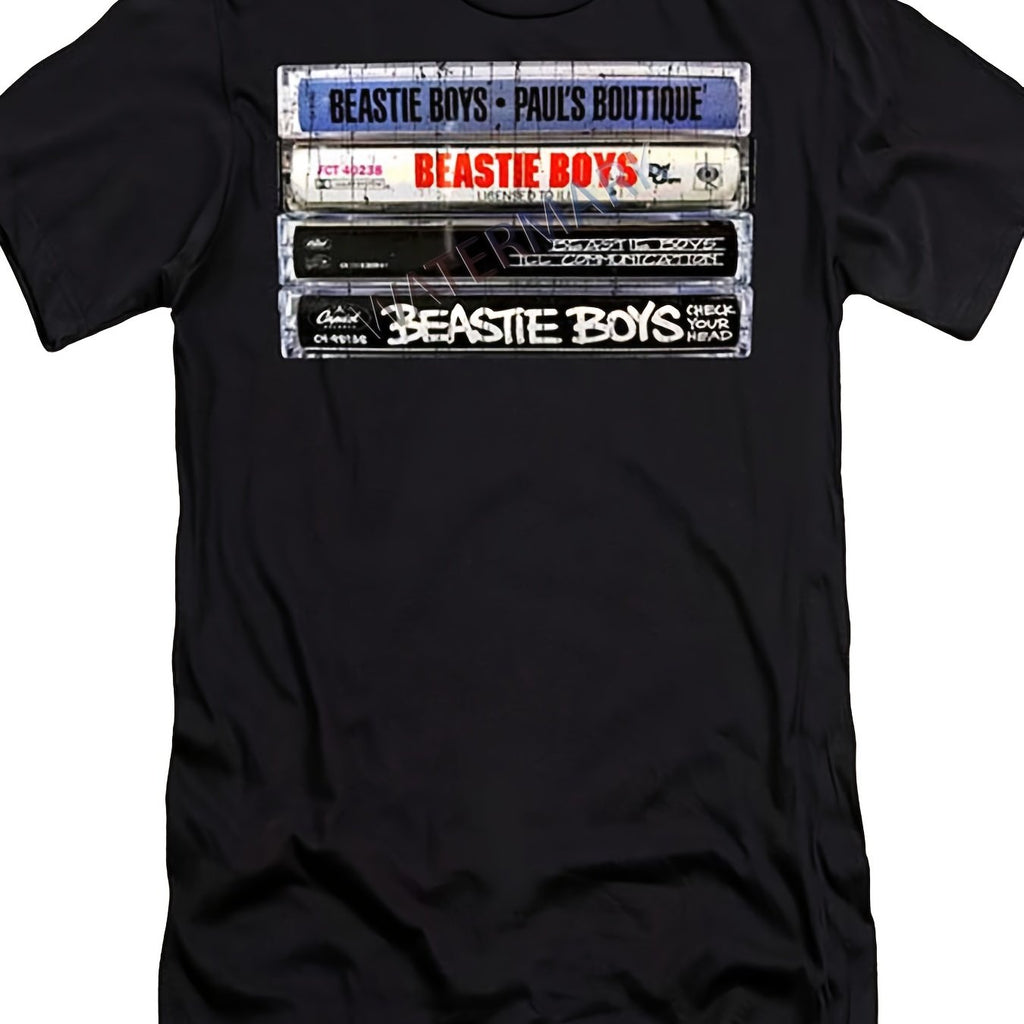 1pc Beastie Boys Paul'S Boutique Graphic Tee, Men'S Casual Cotton T-Shirt with Slight Stretch, Crew Neck, All-Season Knit Fabric, Regular Fit - Black