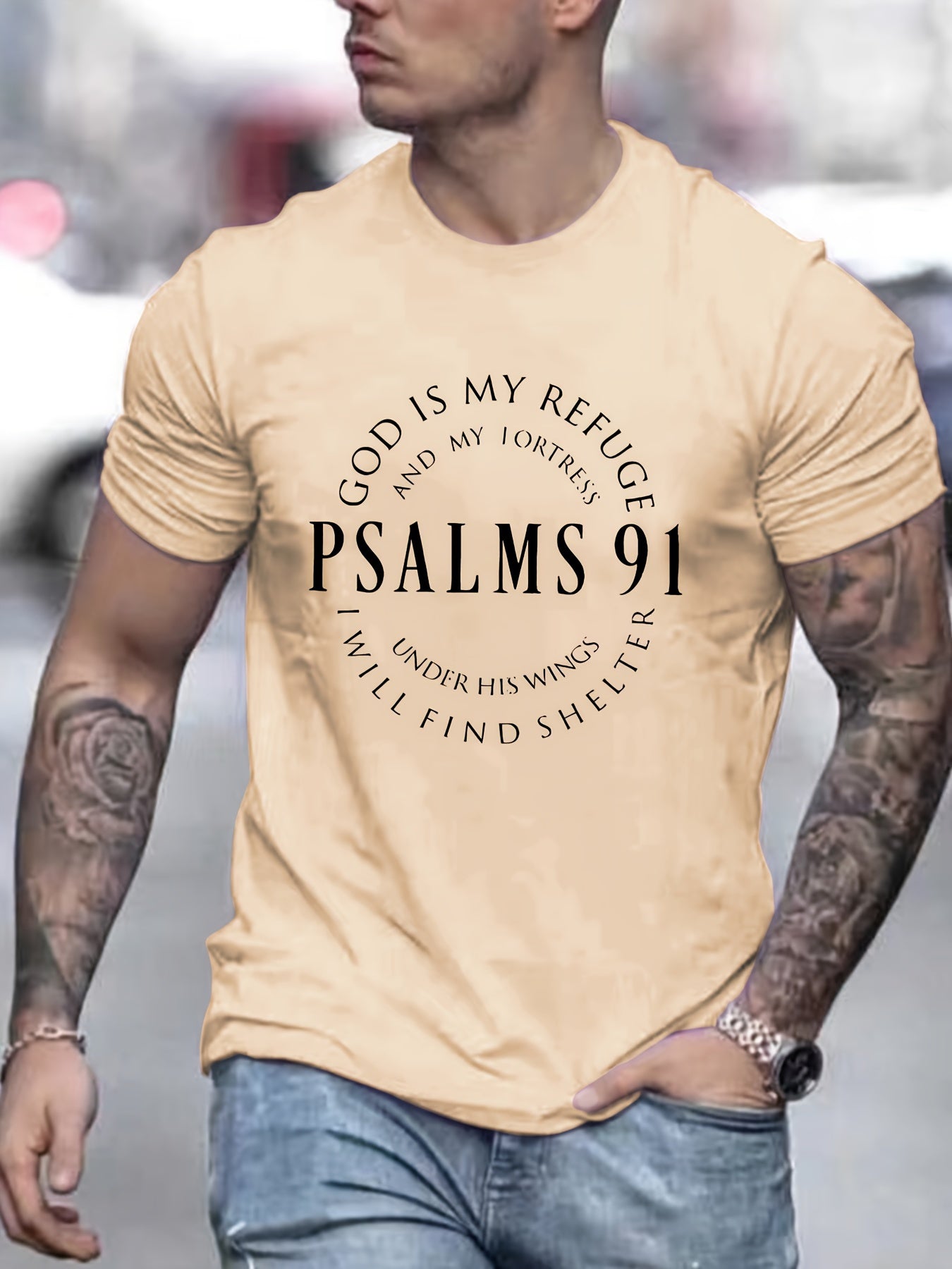 Men's Graphic Tee with PSALMS 91 & Ring Pattern Print - Trendy Summer Clothes for Men