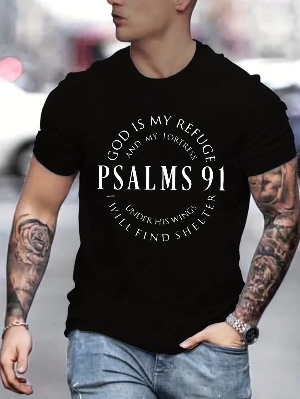 Men's Graphic Tee with PSALMS 91 & Ring Pattern Print - Trendy Summer Clothes for Men