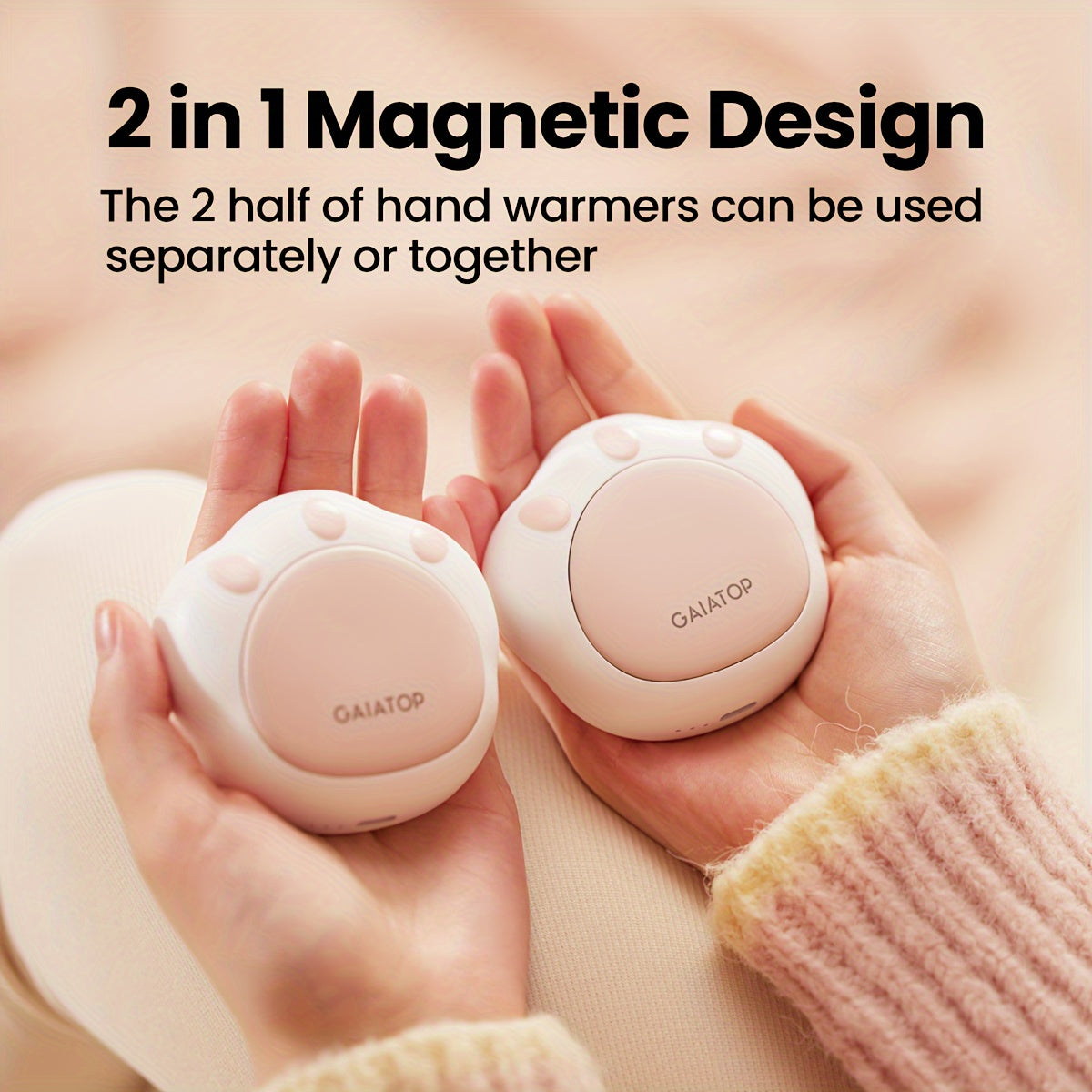 GAIATOP 2pcs Cute Cat Paw Hand Warmers - Portable, Rechargeable USB-C, Magnetic, Perfect for Boys & Girls in Cold Weather - Pink