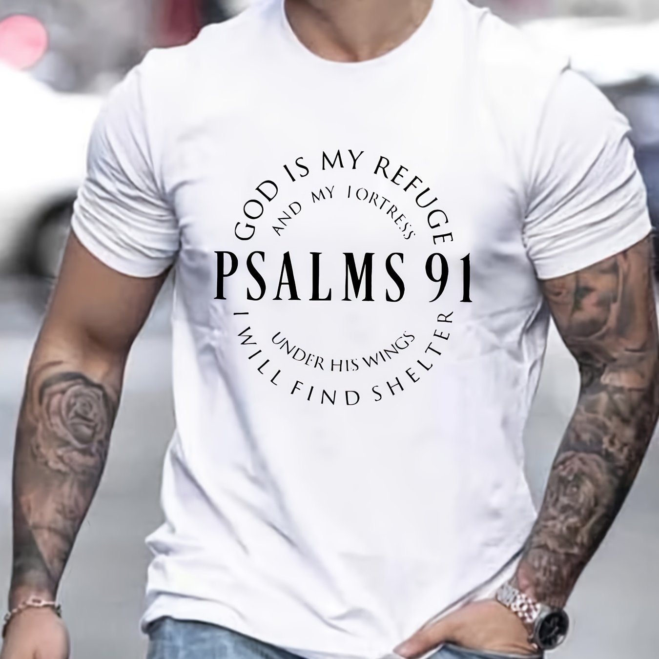 Men's Graphic Tee with PSALMS 91 & Ring Pattern Print - Trendy Summer Clothes for Men