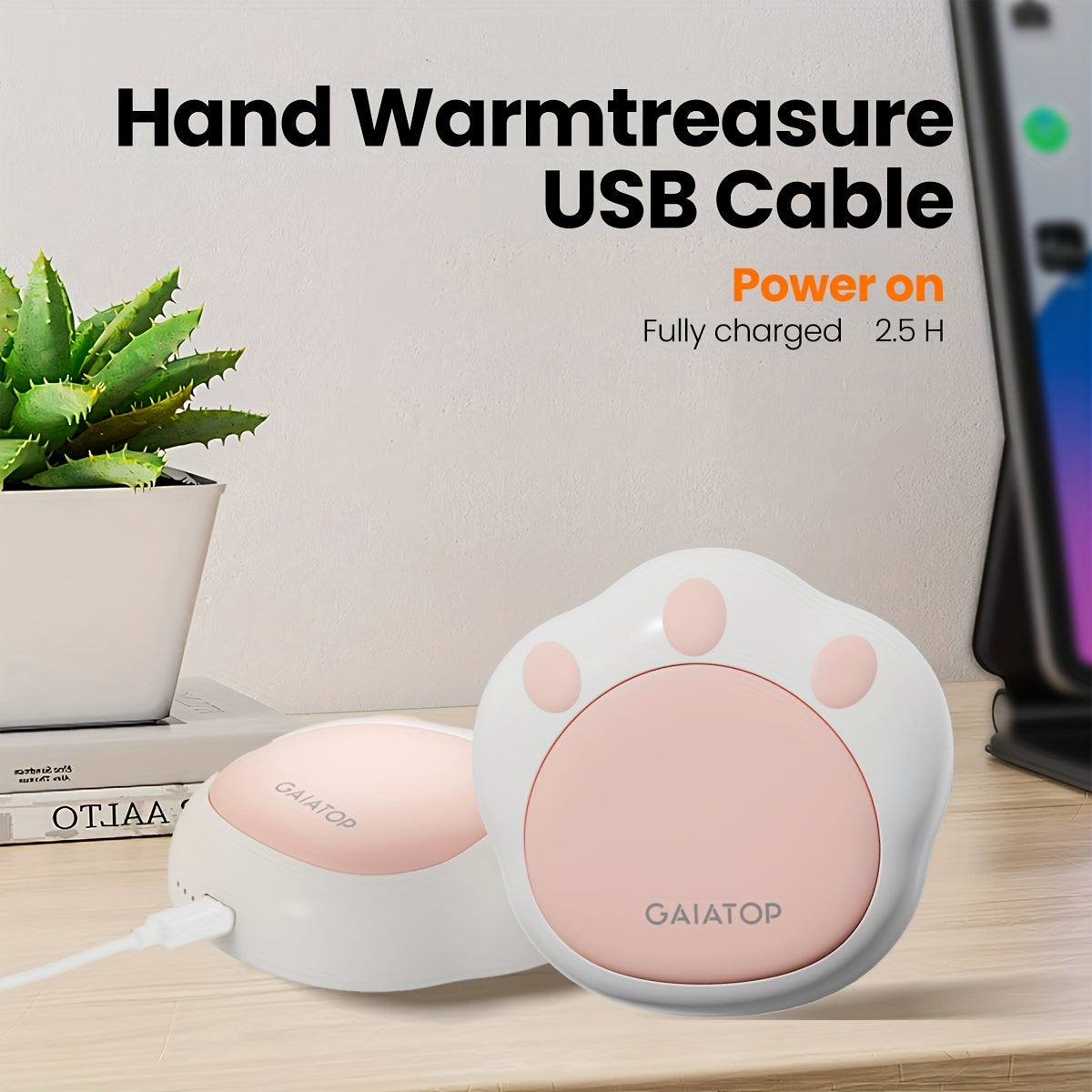 GAIATOP 2pcs Cute Cat Paw Hand Warmers - Portable, Rechargeable USB-C, Magnetic, Perfect for Boys & Girls in Cold Weather - Pink