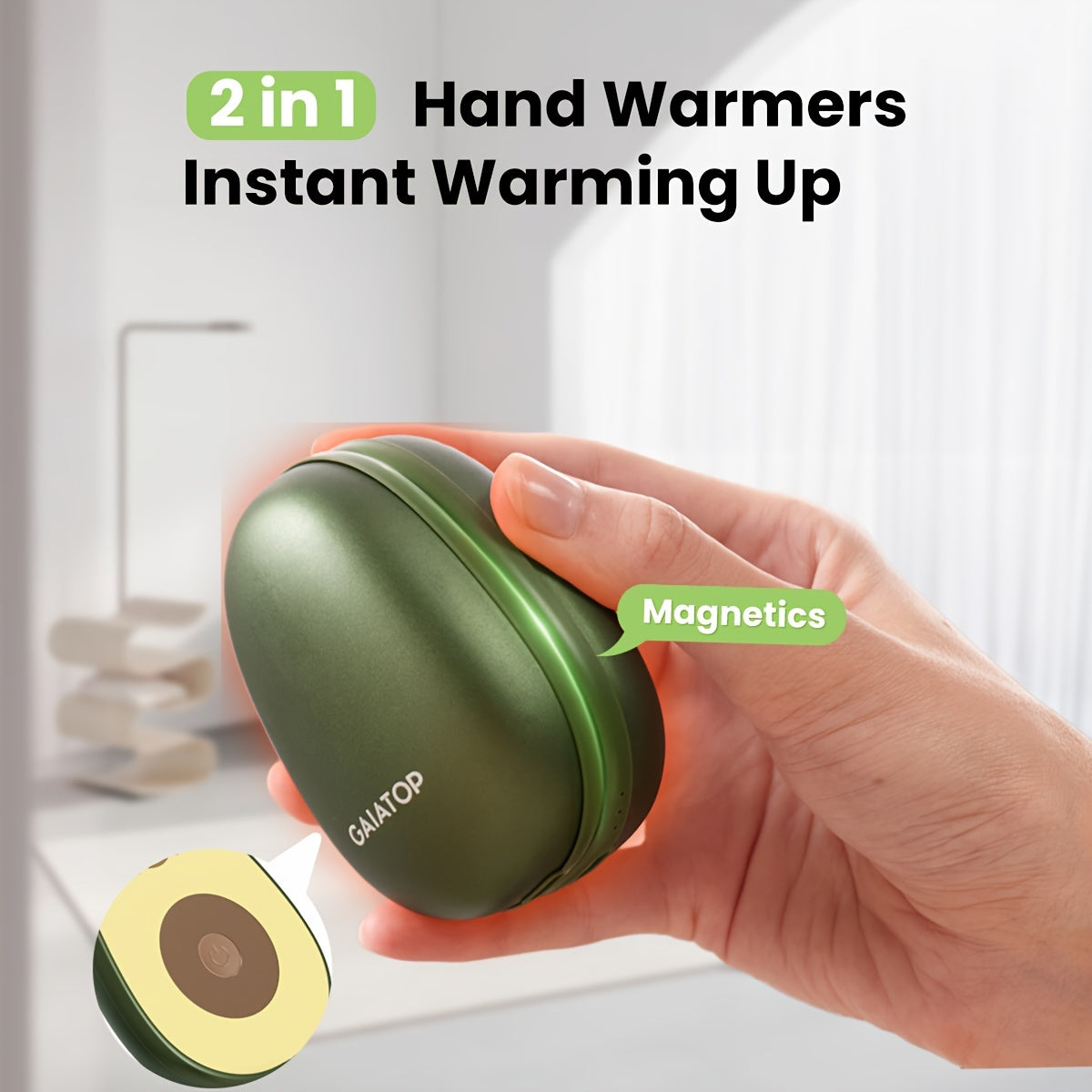 2pcs Magnetic Hand Warmers, 4000mAh Rechargeable Hand Warmer, 3 Heat Settings Electric Pocket Portable Hand Heater Gifts For Women, Men, Outdoor, Camping, Hunting Green