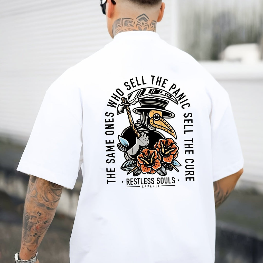 Raven Doctor Print Men's Short Sleeve T-Shirts, Comfy Casual Elastic Crew Neck Tops For Men's Outdoor Activities