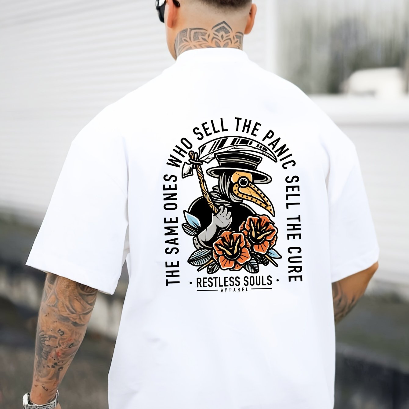 Raven Doctor Print Men's Short Sleeve T-Shirts, Comfy Casual Elastic Crew Neck Tops For Men's Outdoor Activities