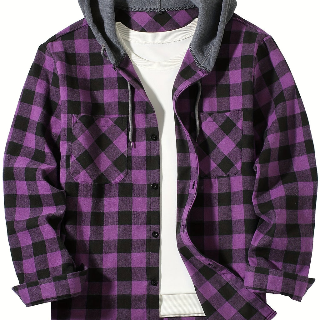 Stylish Casual Men's Classical Plaid Design Hooded Long Sleeve Shirts Top For Outdoor Spring And Fall