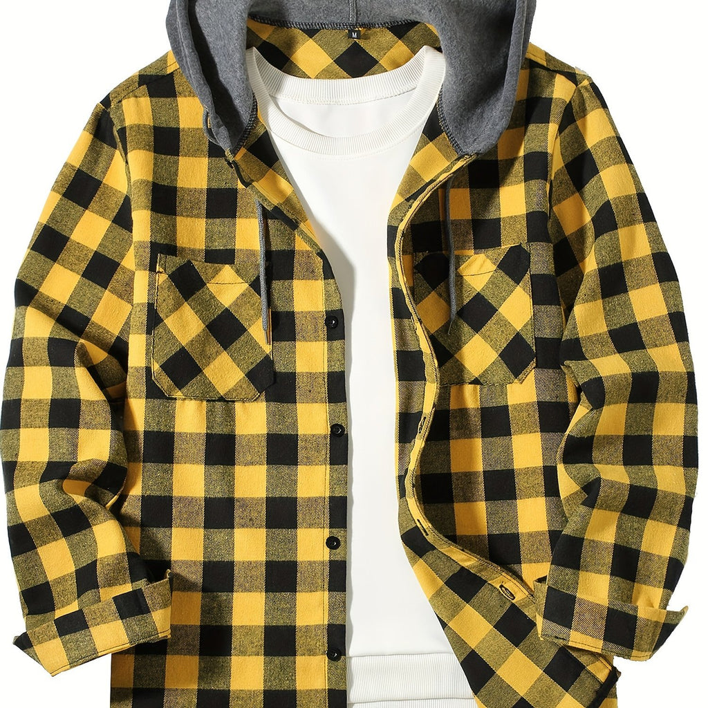 Stylish Casual Men's Classical Plaid Design Hooded Long Sleeve Shirts Top For Outdoor Spring And Fall