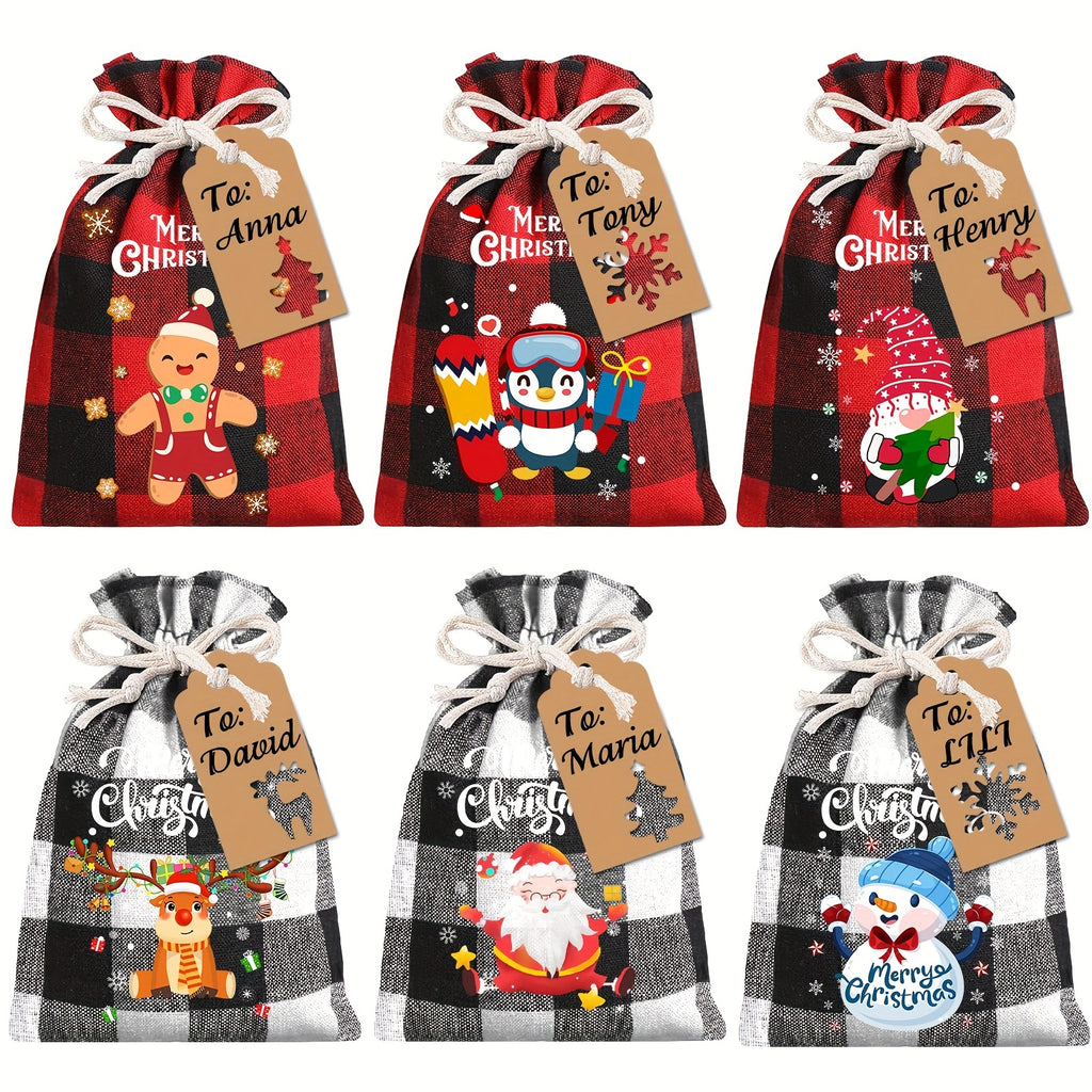 12/18pcs, 12/18-Piece Christmas Burlap Gift Bags with Plaid Drawstring, Christmas Treat Bags for Xmas Favors, Decorations, Party Supplies