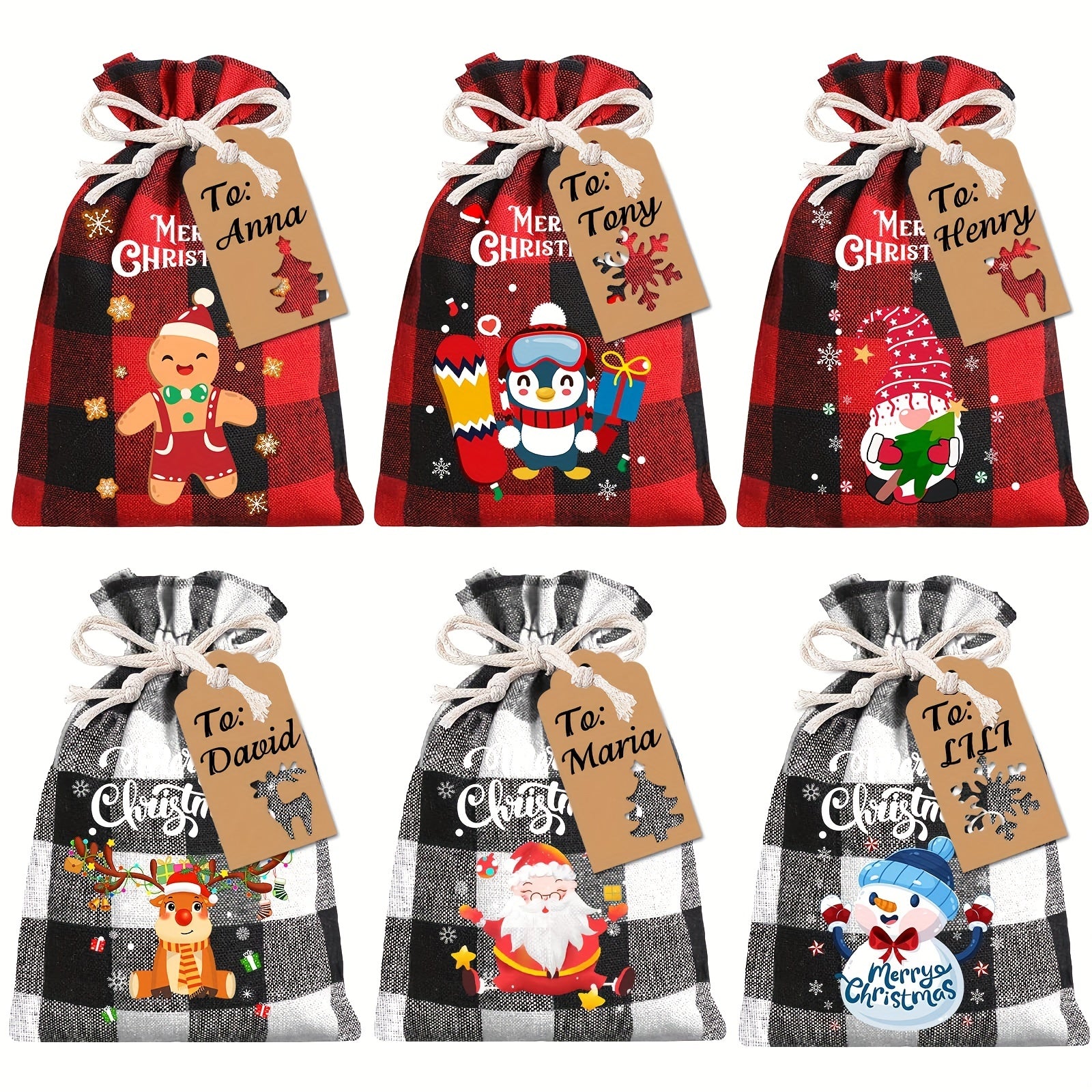 12/18pcs, 12/18-Piece Christmas Burlap Gift Bags with Plaid Drawstring, Christmas Treat Bags for Xmas Favors, Decorations, Party Supplies