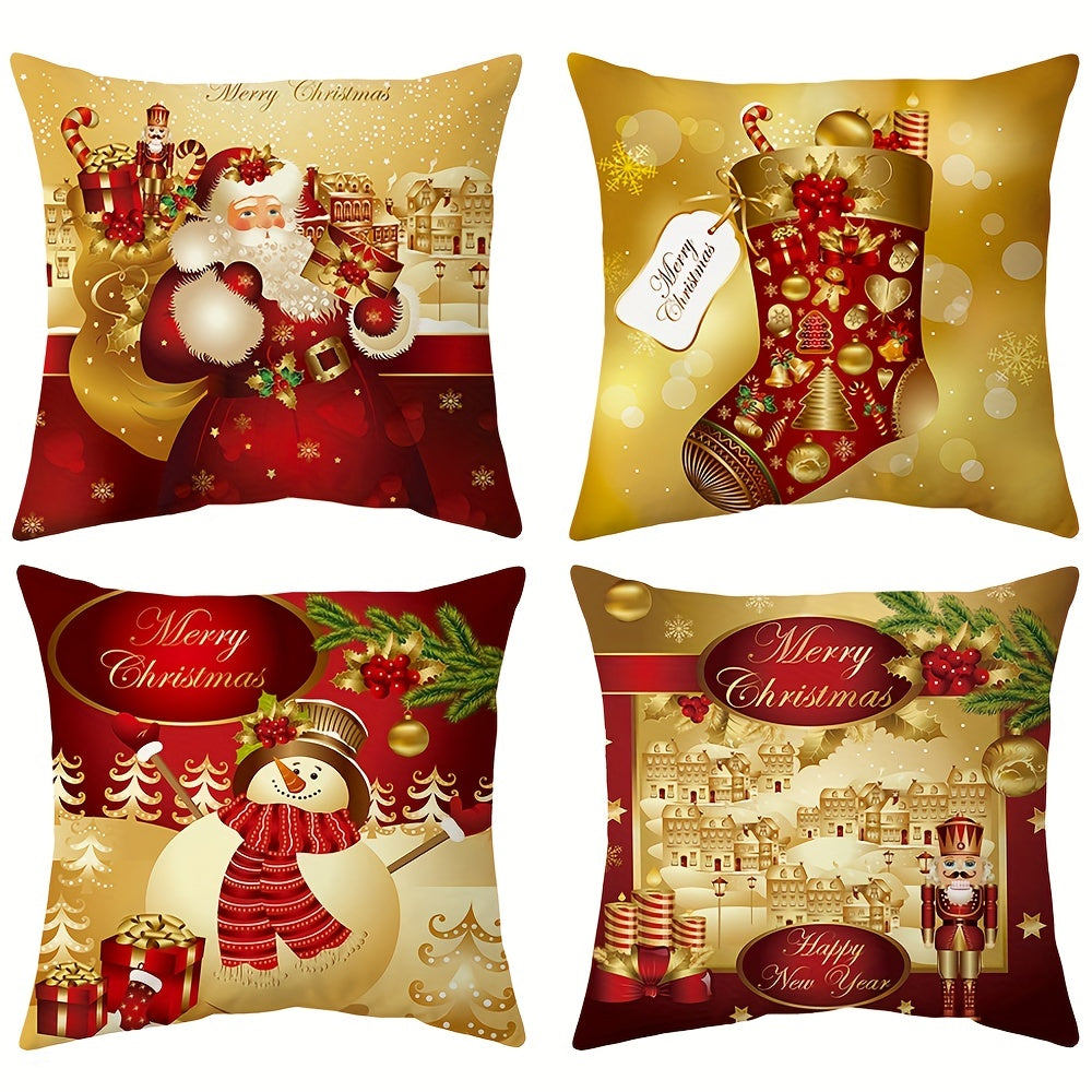 4pcs Double-Sided Print Christmas Pillow Covers, 18*18Inch Merry Christmas Nutcracker Pillow Cases, Christmas Velvet Golden Red Xmas Holiday Pillow Covers Set Of 4, For Couch Sofa Living Room Outdoor Christmas Home Decoration