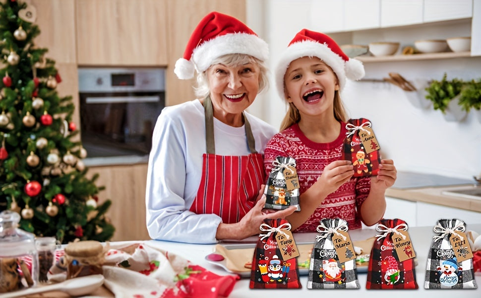 12/18pcs, 12/18-Piece Christmas Burlap Gift Bags with Plaid Drawstring, Christmas Treat Bags for Xmas Favors, Decorations, Party Supplies