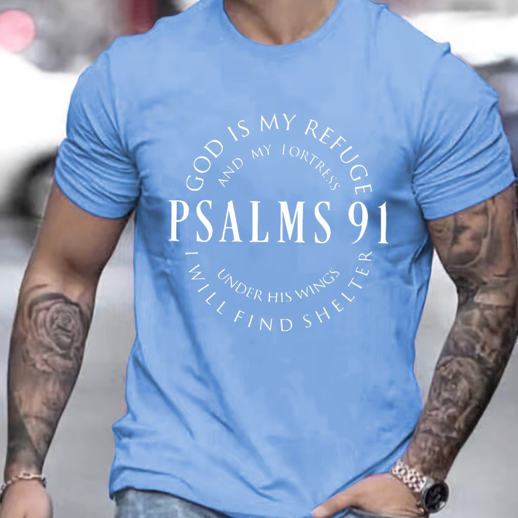 Men's Graphic Tee with PSALMS 91 & Ring Pattern Print - Trendy Summer Clothes for Men