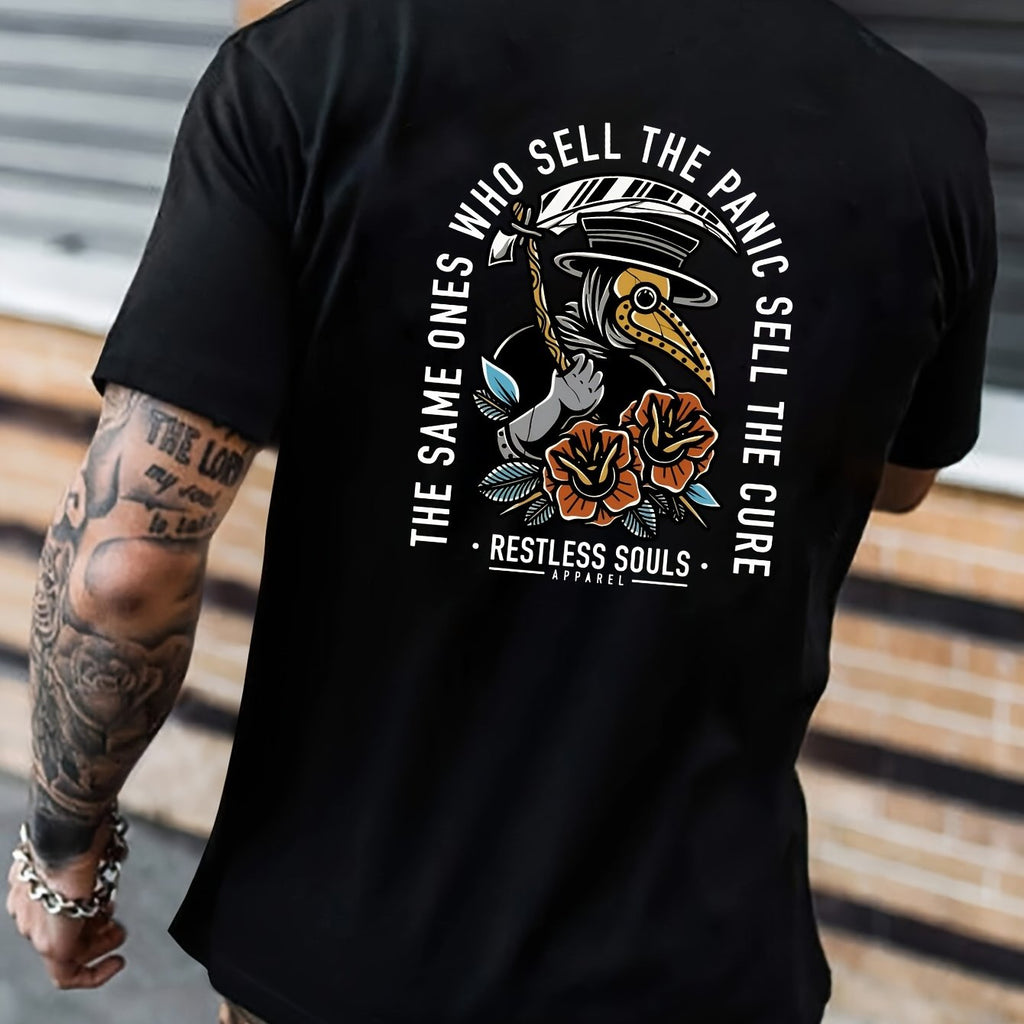 Raven Doctor Print Men's Short Sleeve T-Shirts, Comfy Casual Elastic Crew Neck Tops For Men's Outdoor Activities