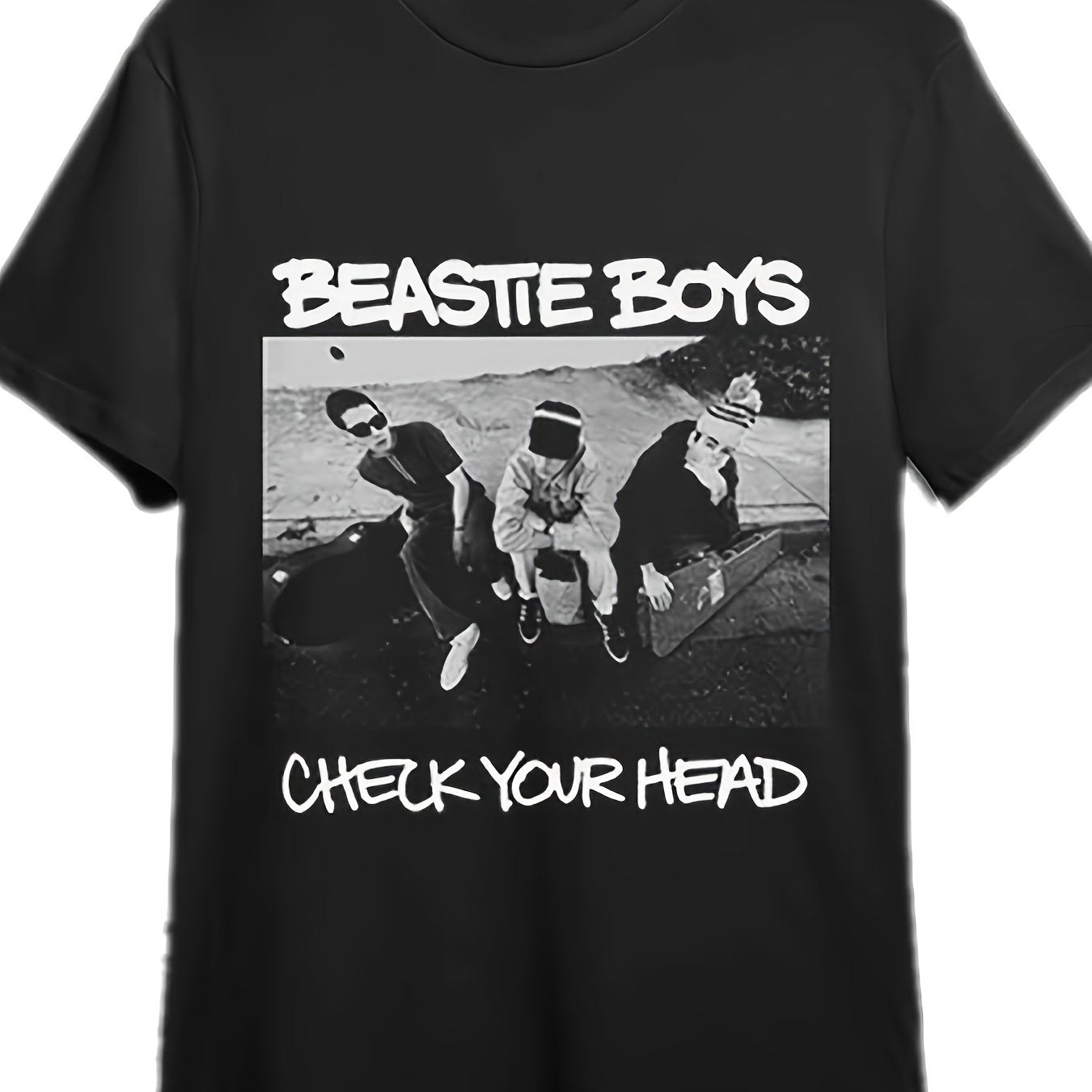 1pc Beastie Boys "Check Your Head" Graphic Tee - 100% Cotton, Breathable Knit Crew Neck, Casual Short Sleeve T-Shirt for Men, All Seasons - Black