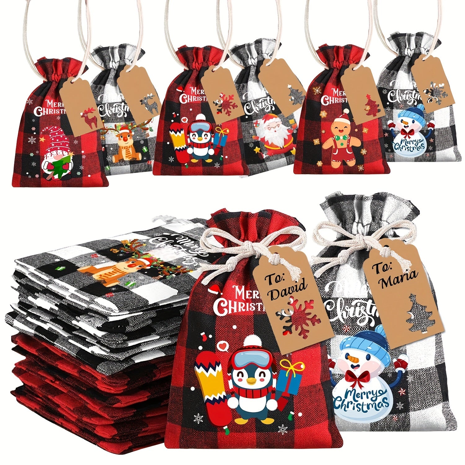 12/18pcs, 12/18-Piece Christmas Burlap Gift Bags with Plaid Drawstring, Christmas Treat Bags for Xmas Favors, Decorations, Party Supplies