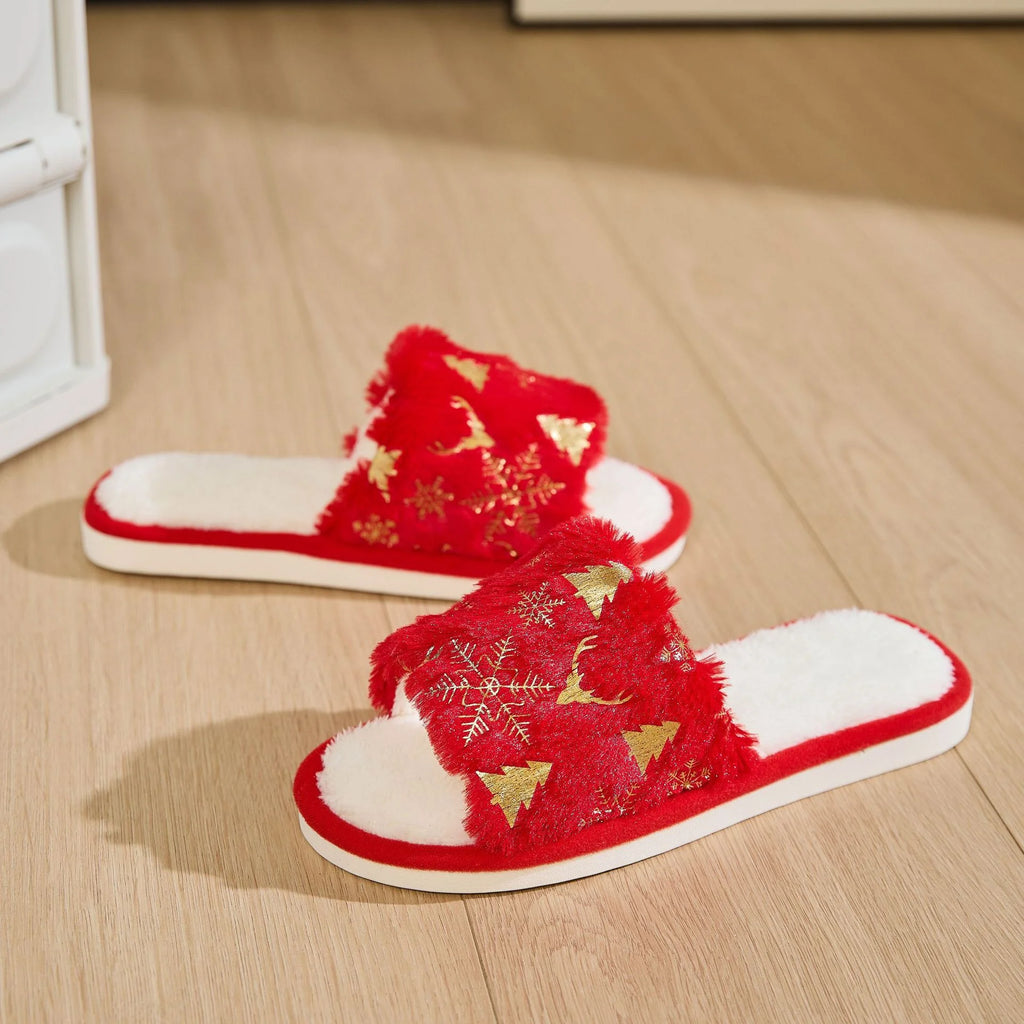 2024 Christmas Open Toe Cotton Slippers White Silver Plush Flat Thermal Indoor Festival Shoes Non-Slip Warm Slippers for Winter
