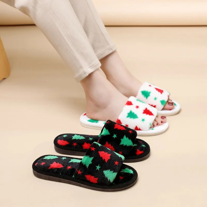 2024 Christmas Open Toe Cotton Slippers White Silver Plush Flat Thermal Indoor Festival Shoes Non-Slip Warm Slippers for Winter