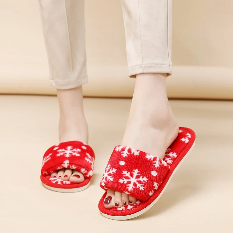 2024 Christmas Open Toe Cotton Slippers White Silver Plush Flat Thermal Indoor Festival Shoes Non-Slip Warm Slippers for Winter