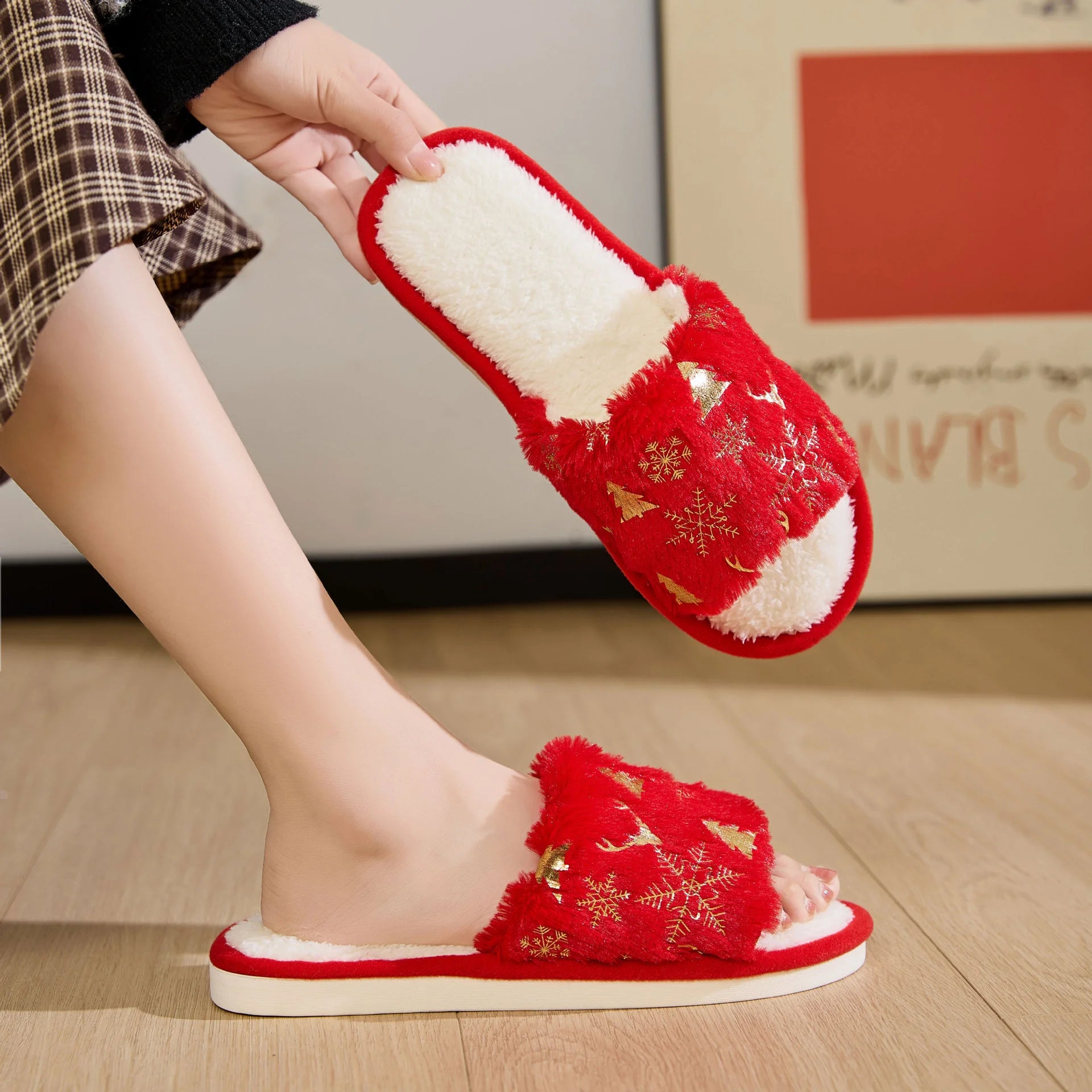 2024 Christmas Open Toe Cotton Slippers White Silver Plush Flat Thermal Indoor Festival Shoes Non-Slip Warm Slippers for Winter
