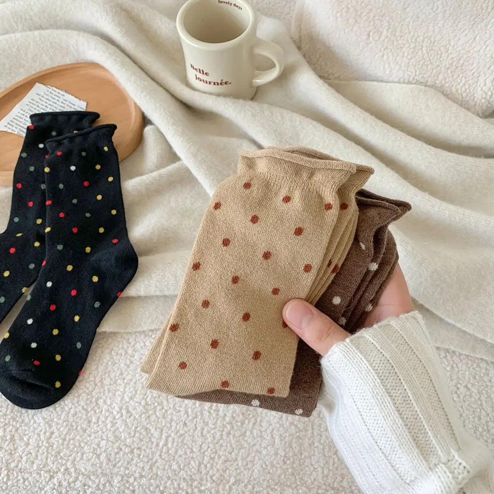 Wool Socks Women Autumn and Winter Thick Warm Middle-tube Socks Polka Dot Japanese Kawaii Cute Thermal Long Socks Christmas Gift