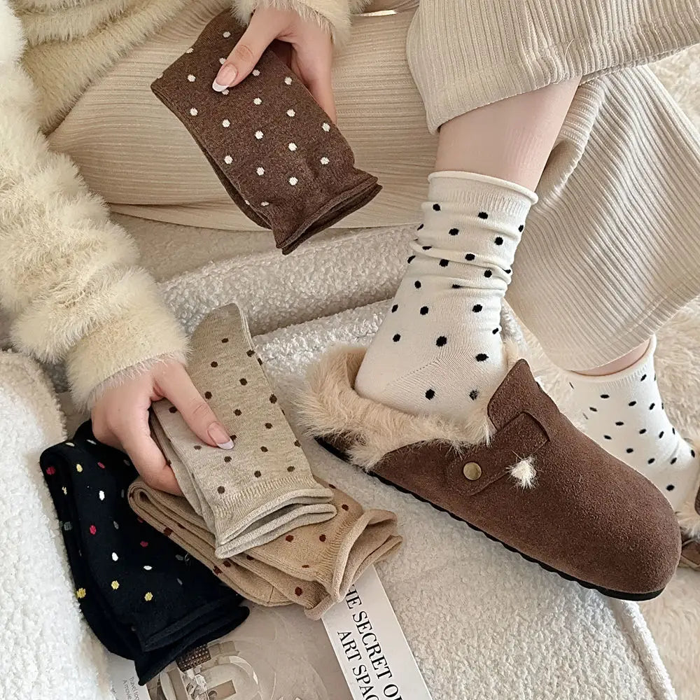 Wool Socks Women Autumn and Winter Thick Warm Middle-tube Socks Polka Dot Japanese Kawaii Cute Thermal Long Socks Christmas Gift
