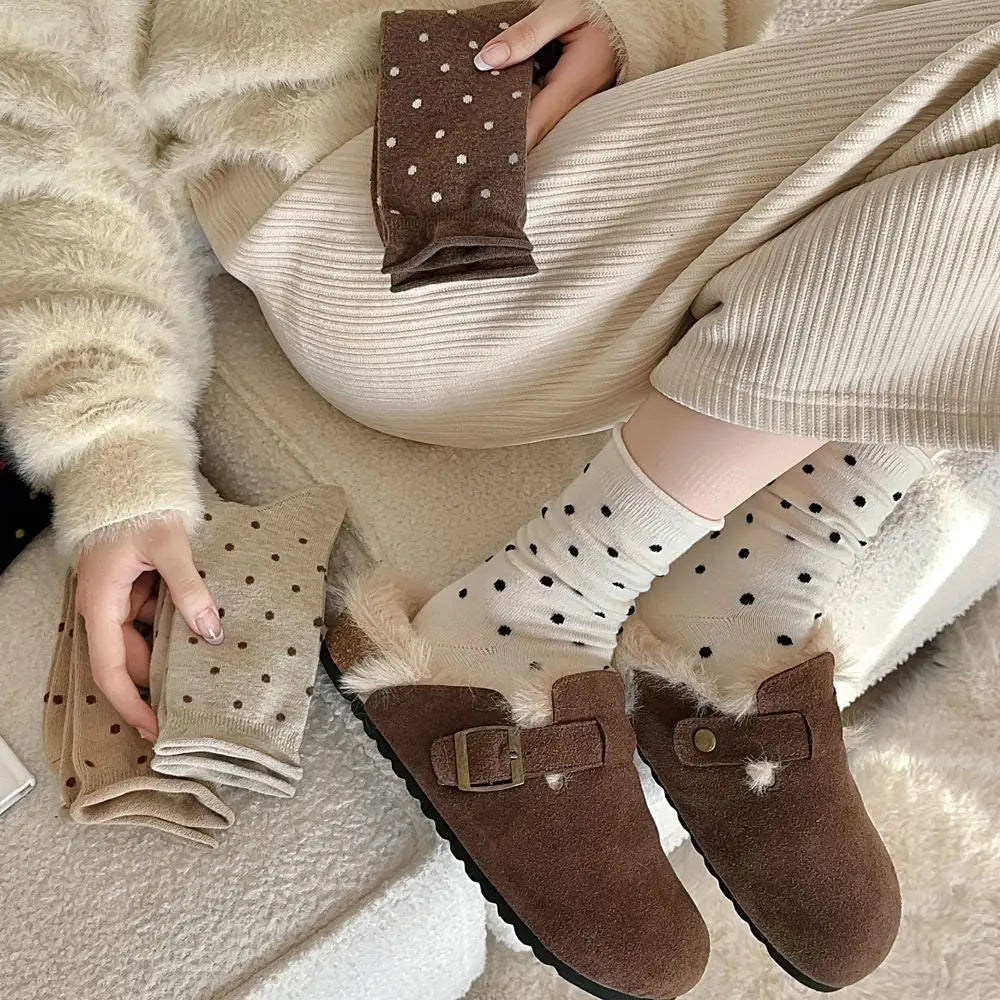 Wool Socks Women Autumn and Winter Thick Warm Middle-tube Socks Polka Dot Japanese Kawaii Cute Thermal Long Socks Christmas Gift