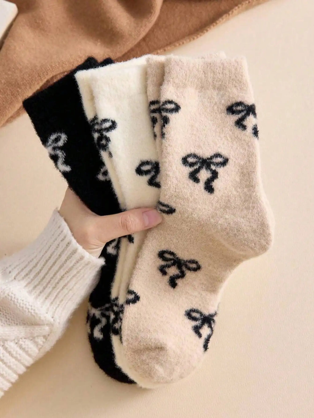 Australian Wool Socks for Women, Autumn and Winter, Fleece-Lined, Thickened, Warm, with Bow, Home Maternity Socks, Plush Floor Sleep Socks