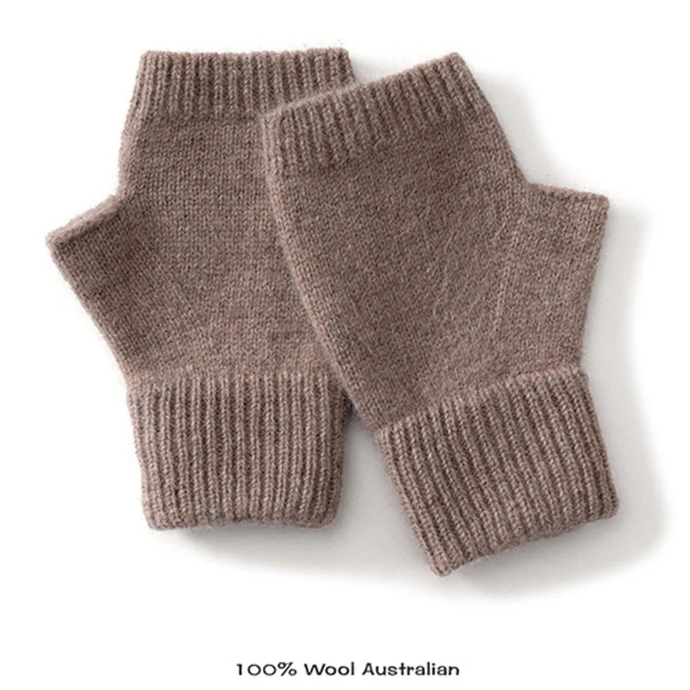 Gloves 100% Wool Knitted Women Winter Thermal Soft Mittens 15cm Knitted Fingerless Gloves Solid Color Black Semi Finger Mittens