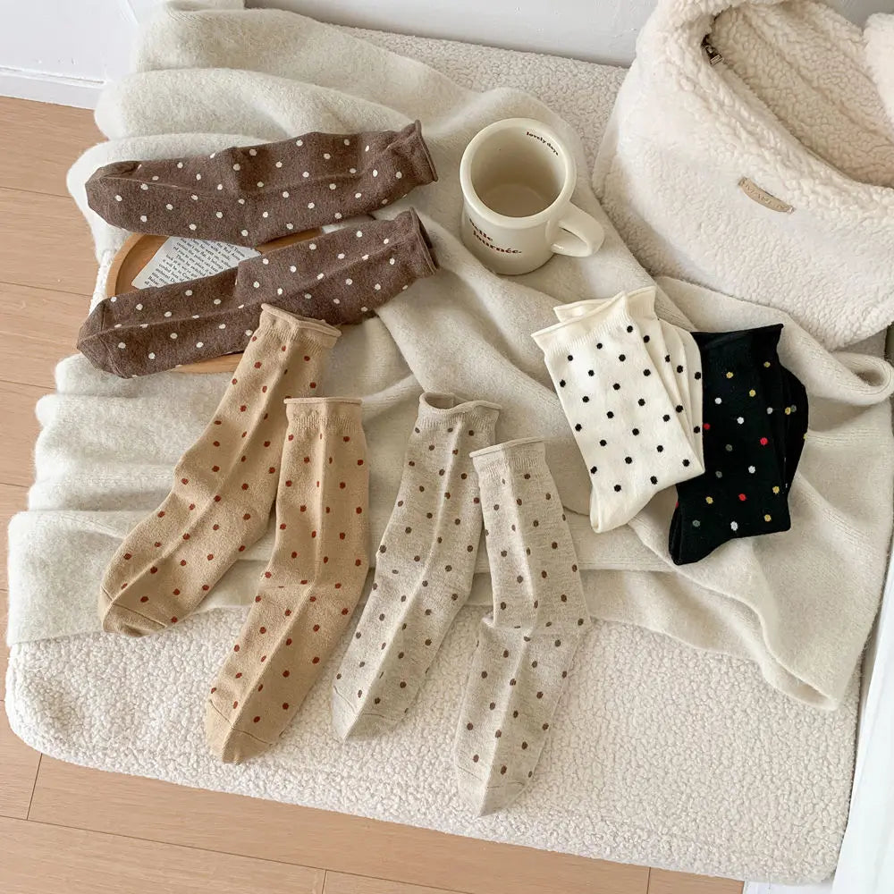 Wool Socks Women Autumn and Winter Thick Warm Middle-tube Socks Polka Dot Japanese Kawaii Cute Thermal Long Socks Christmas Gift