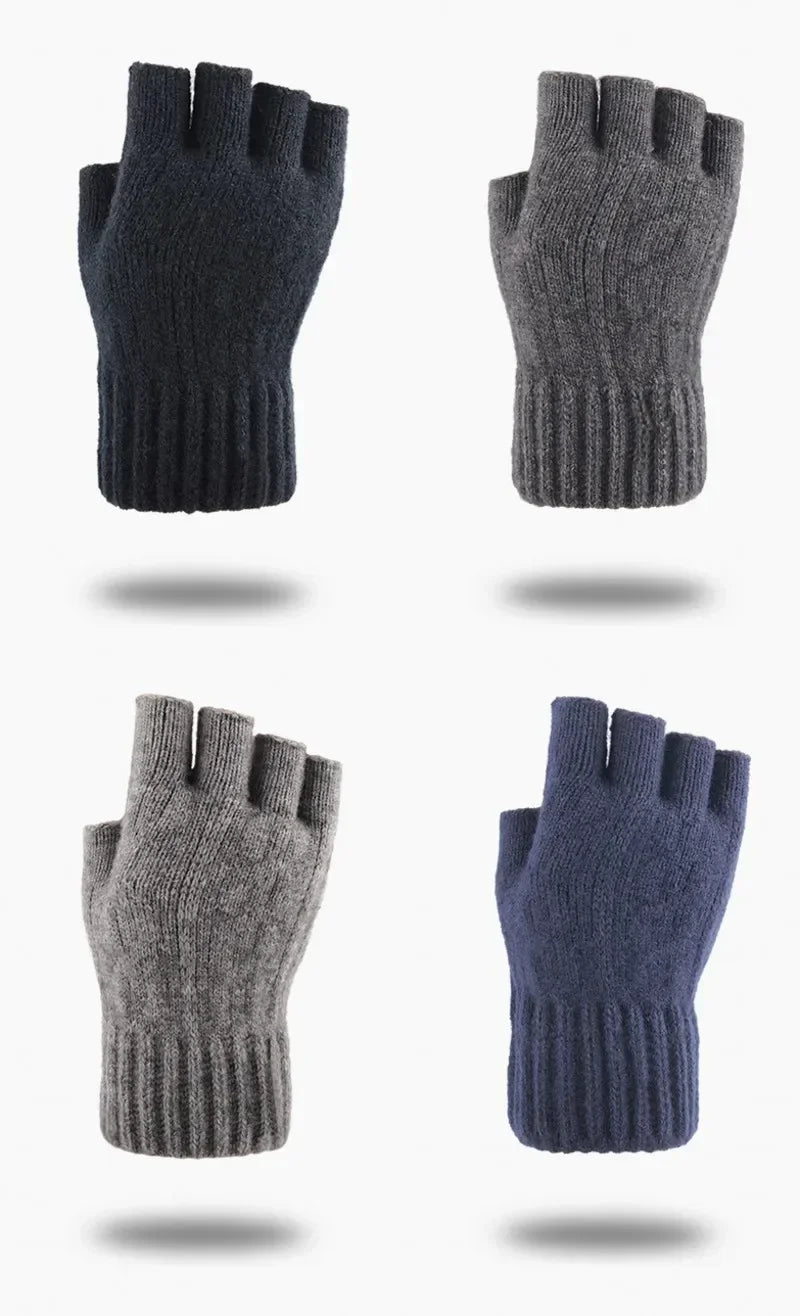 Winter Gloves For Men Half Finger Writting Office Cycling Knitted Gloves Students Alpaca Wool Warm Thick Elastic Driving Gloves