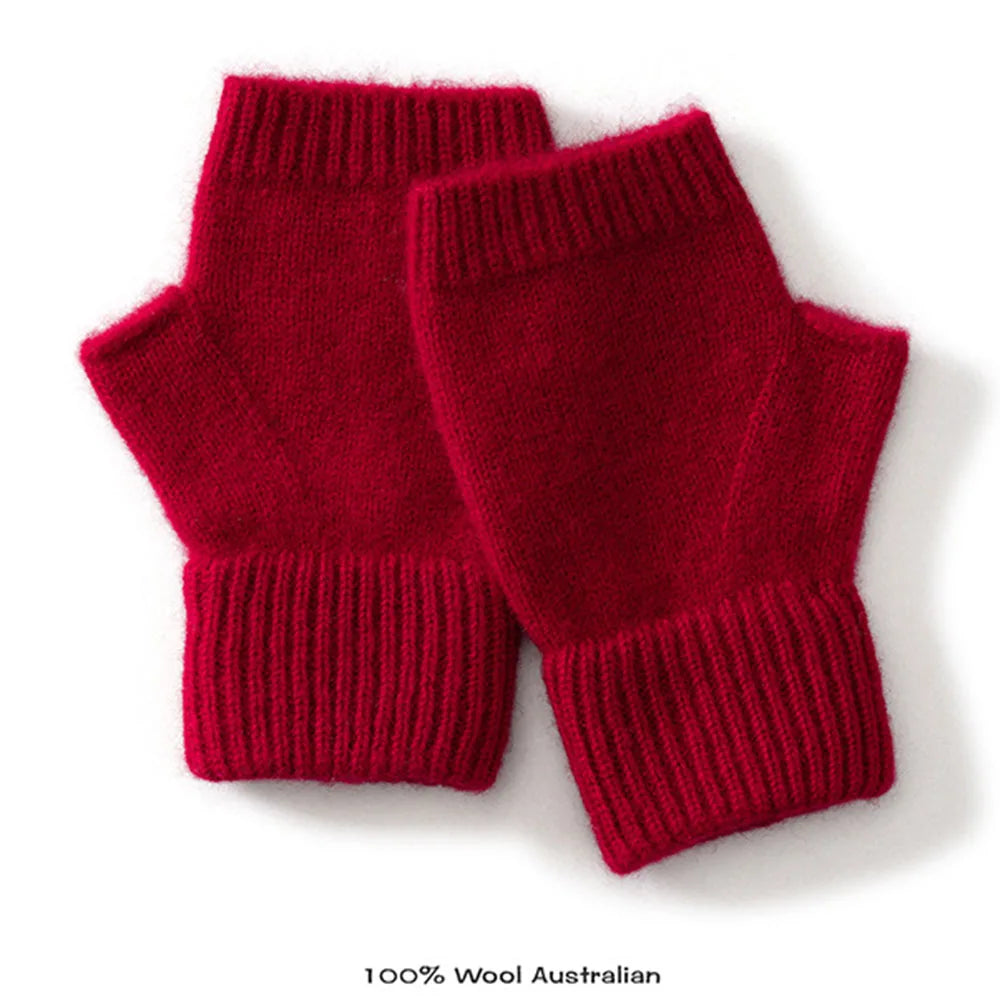 Gloves 100% Wool Knitted Women Winter Thermal Soft Mittens 15cm Knitted Fingerless Gloves Solid Color Black Semi Finger Mittens