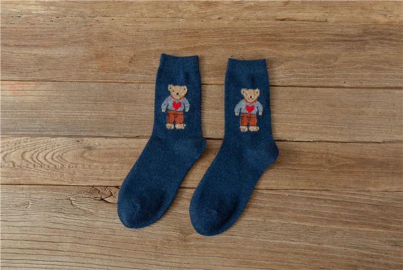 Thick and Warm Wool Socks for Autumn and Winter, Trendy Cartoon-style Retro Mid-calf Socks, Comfortable Short Socks