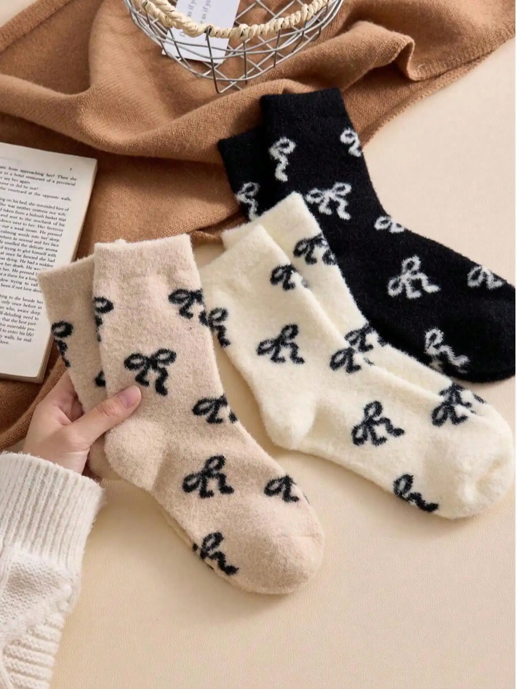 Australian Wool Socks for Women, Autumn and Winter, Fleece-Lined, Thickened, Warm, with Bow, Home Maternity Socks, Plush Floor Sleep Socks