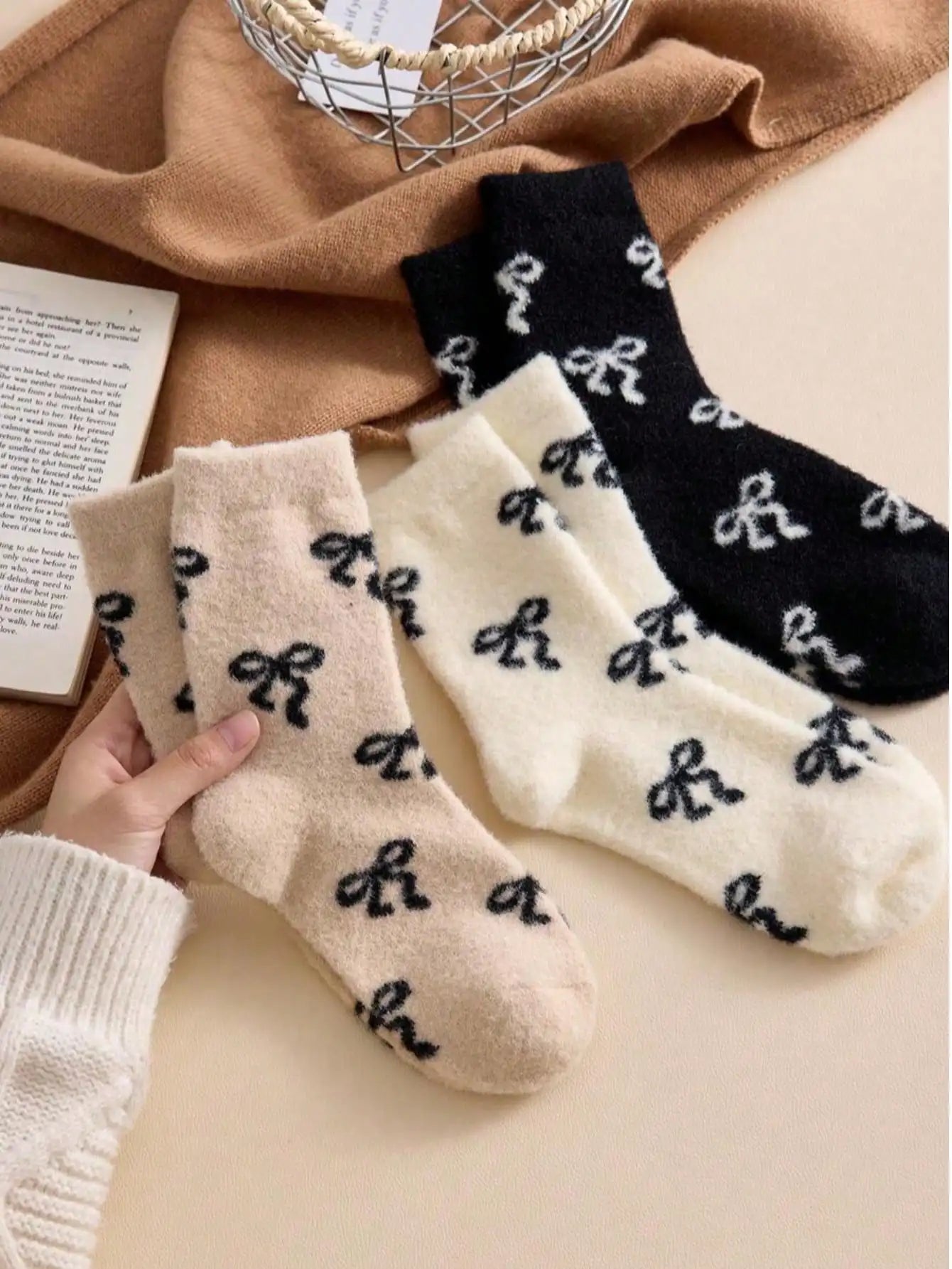 Australian Wool Socks for Women, Autumn and Winter, Fleece-Lined, Thickened, Warm, with Bow, Home Maternity Socks, Plush Floor Sleep Socks