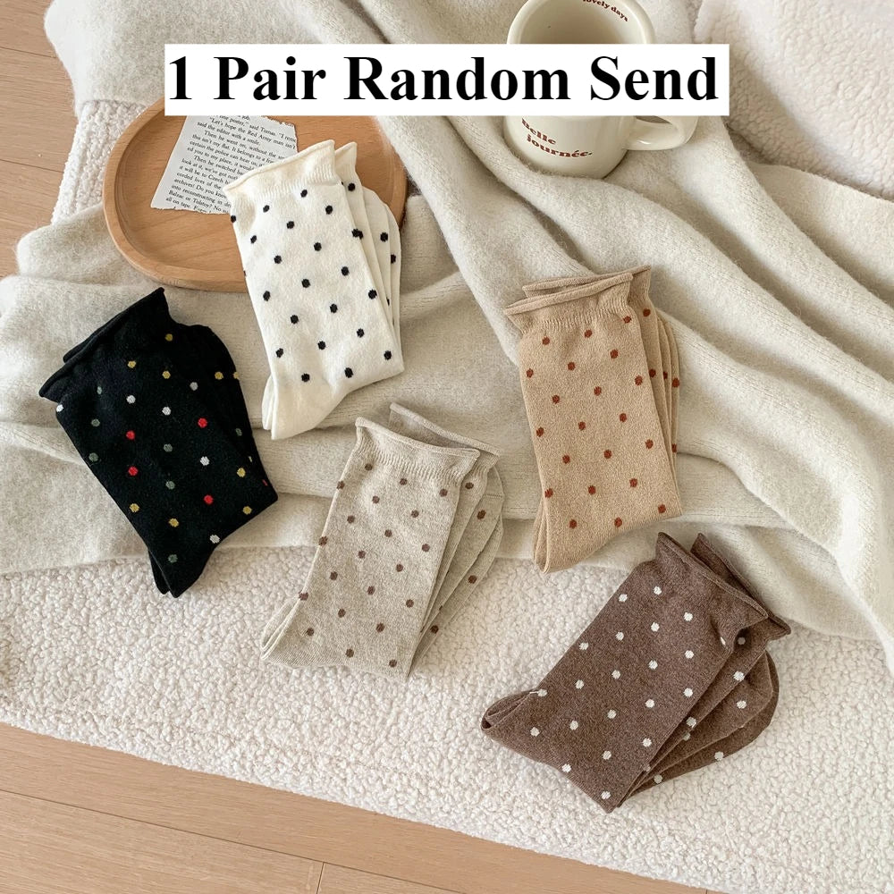 Wool Socks Women Autumn and Winter Thick Warm Middle-tube Socks Polka Dot Japanese Kawaii Cute Thermal Long Socks Christmas Gift