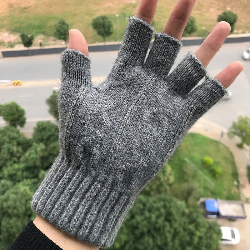 Winter Gloves For Men Half Finger Writting Office Cycling Knitted Gloves Students Alpaca Wool Warm Thick Elastic Driving Gloves