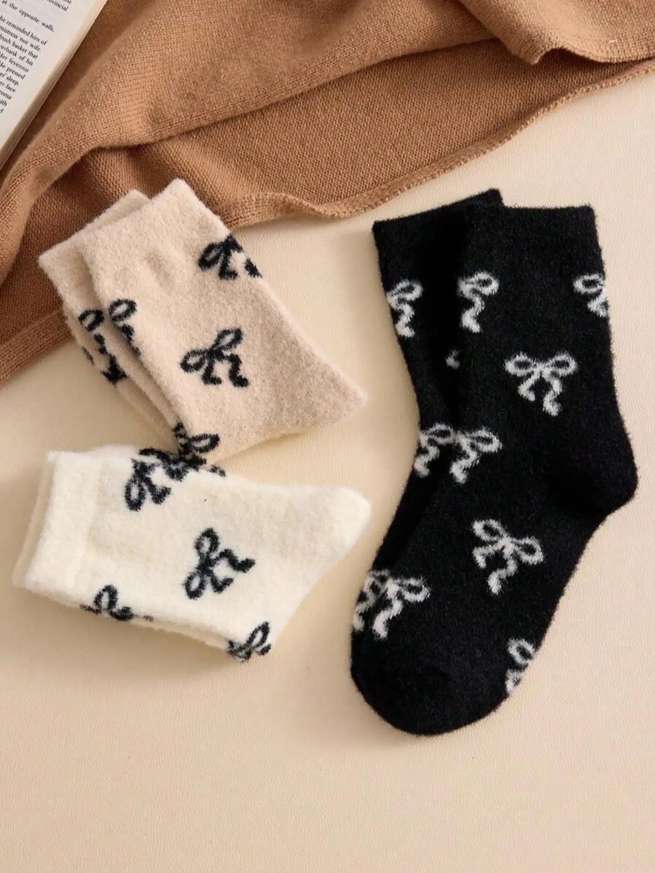 Australian Wool Socks for Women, Autumn and Winter, Fleece-Lined, Thickened, Warm, with Bow, Home Maternity Socks, Plush Floor Sleep Socks