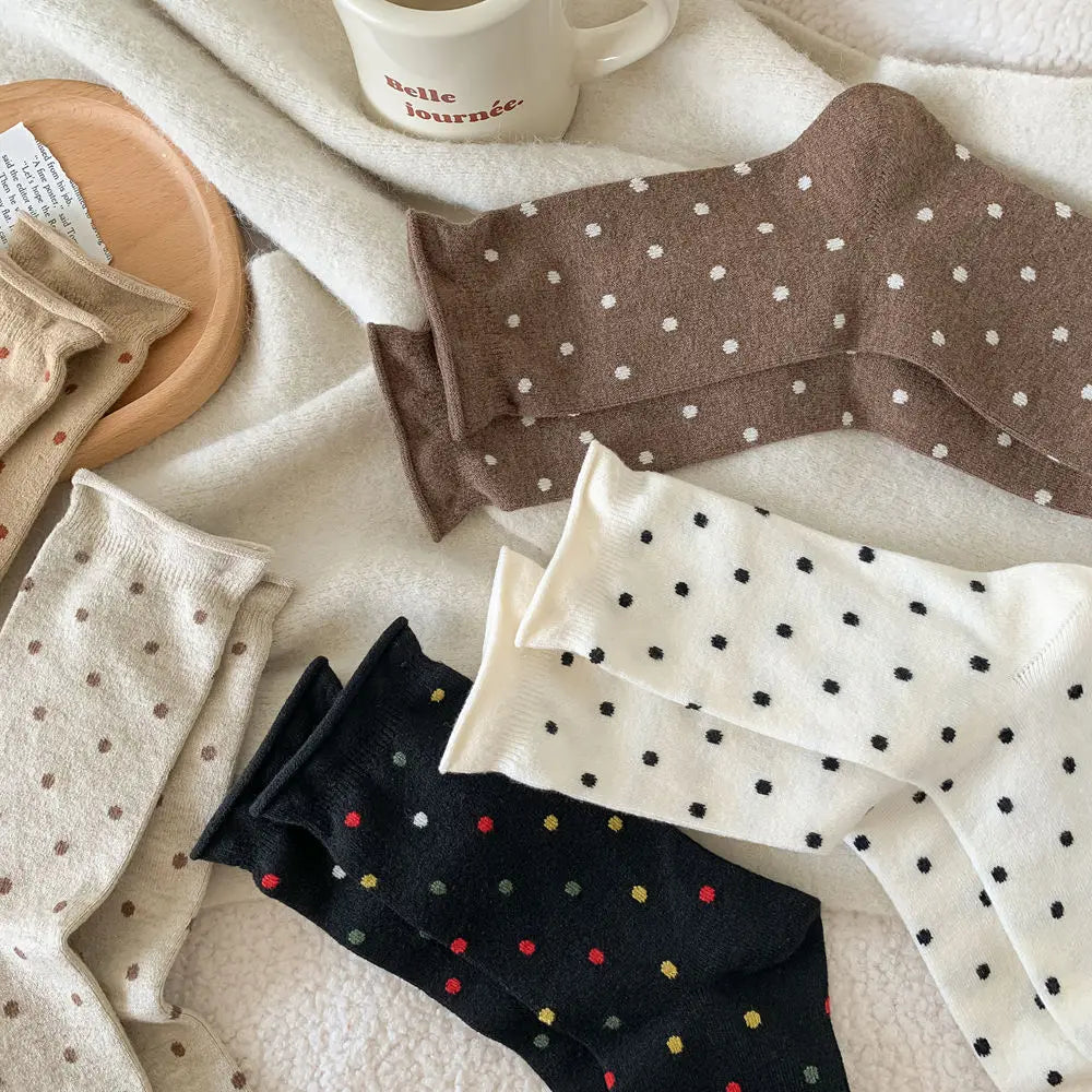 Wool Socks Women Autumn and Winter Thick Warm Middle-tube Socks Polka Dot Japanese Kawaii Cute Thermal Long Socks Christmas Gift