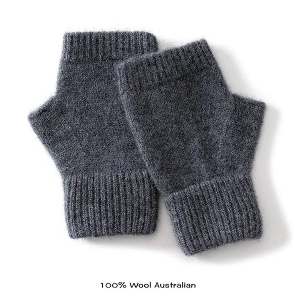 Gloves 100% Wool Knitted Women Winter Thermal Soft Mittens 15cm Knitted Fingerless Gloves Solid Color Black Semi Finger Mittens