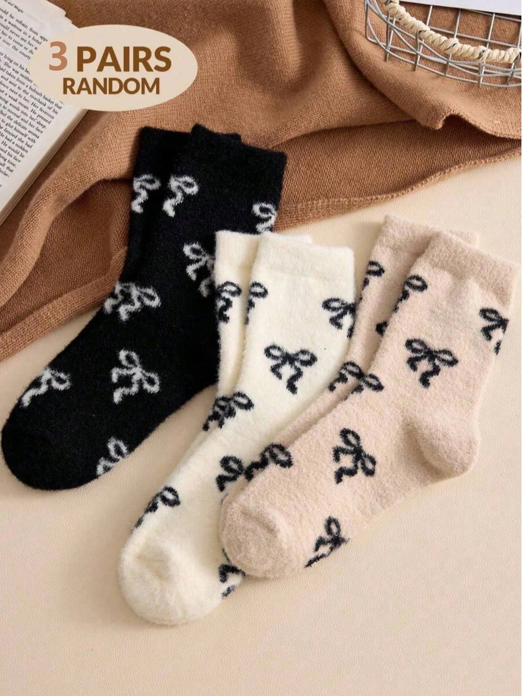 Australian Wool Socks for Women, Autumn and Winter, Fleece-Lined, Thickened, Warm, with Bow, Home Maternity Socks, Plush Floor Sleep Socks