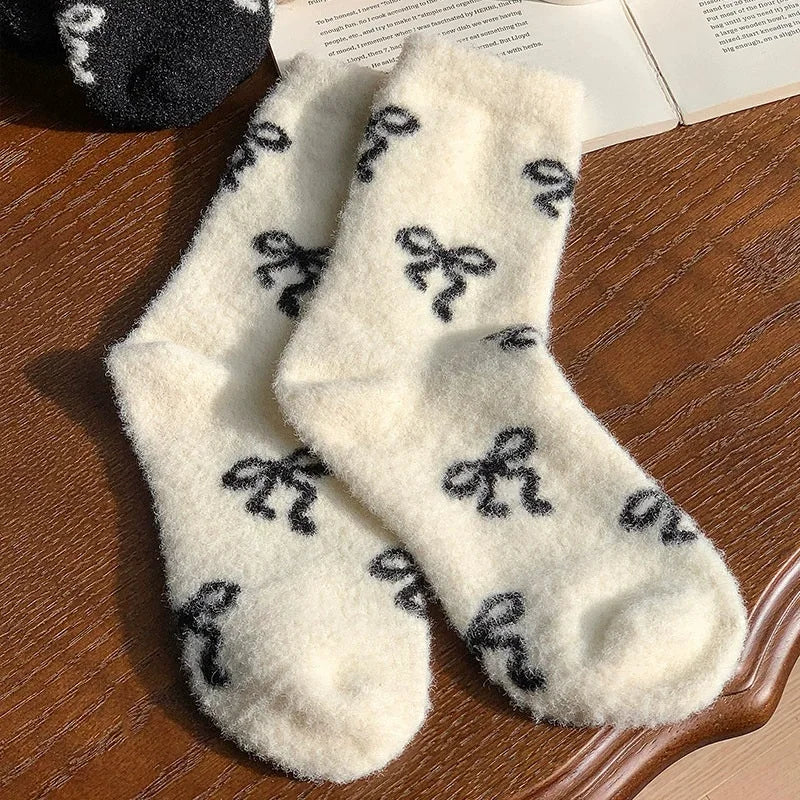 Australian Wool Socks for Women, Autumn and Winter, Fleece-Lined, Thickened, Warm, with Bow, Home Maternity Socks, Plush Floor Sleep Socks