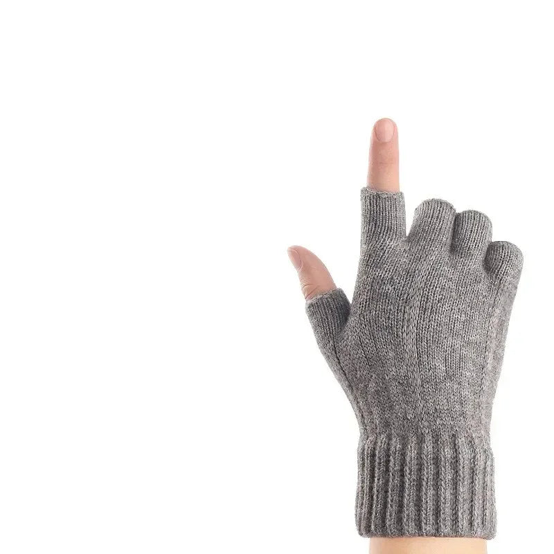 Winter Gloves For Men Half Finger Writting Office Cycling Knitted Gloves Students Alpaca Wool Warm Thick Elastic Driving Gloves