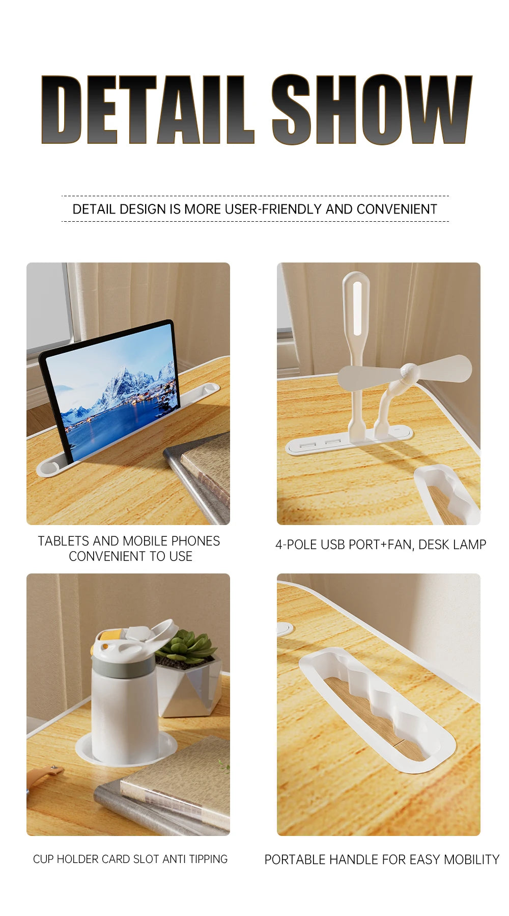 Portable Laptop Desk with USB Light, Small Fan, Cup Holder, Tablet Slot, and Lifting Handle - Foldable Laptop Table for Working,