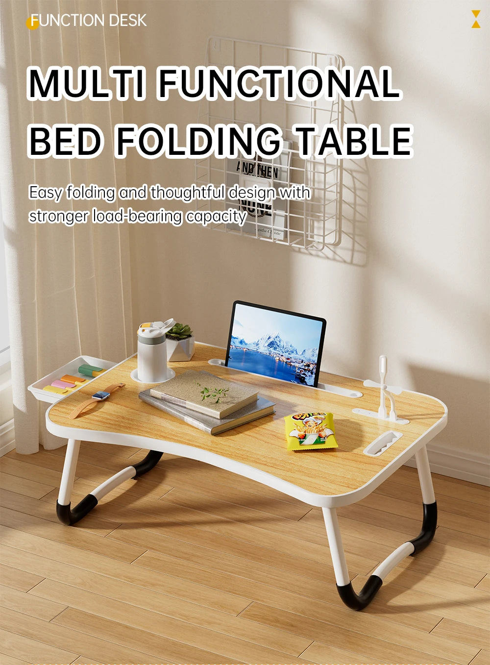 Portable Laptop Desk with USB Light, Small Fan, Cup Holder, Tablet Slot, and Lifting Handle - Foldable Laptop Table for Working,