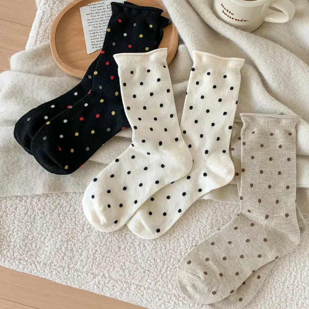 Wool Socks Women Autumn and Winter Thick Warm Middle-tube Socks Polka Dot Japanese Kawaii Cute Thermal Long Socks Christmas Gift