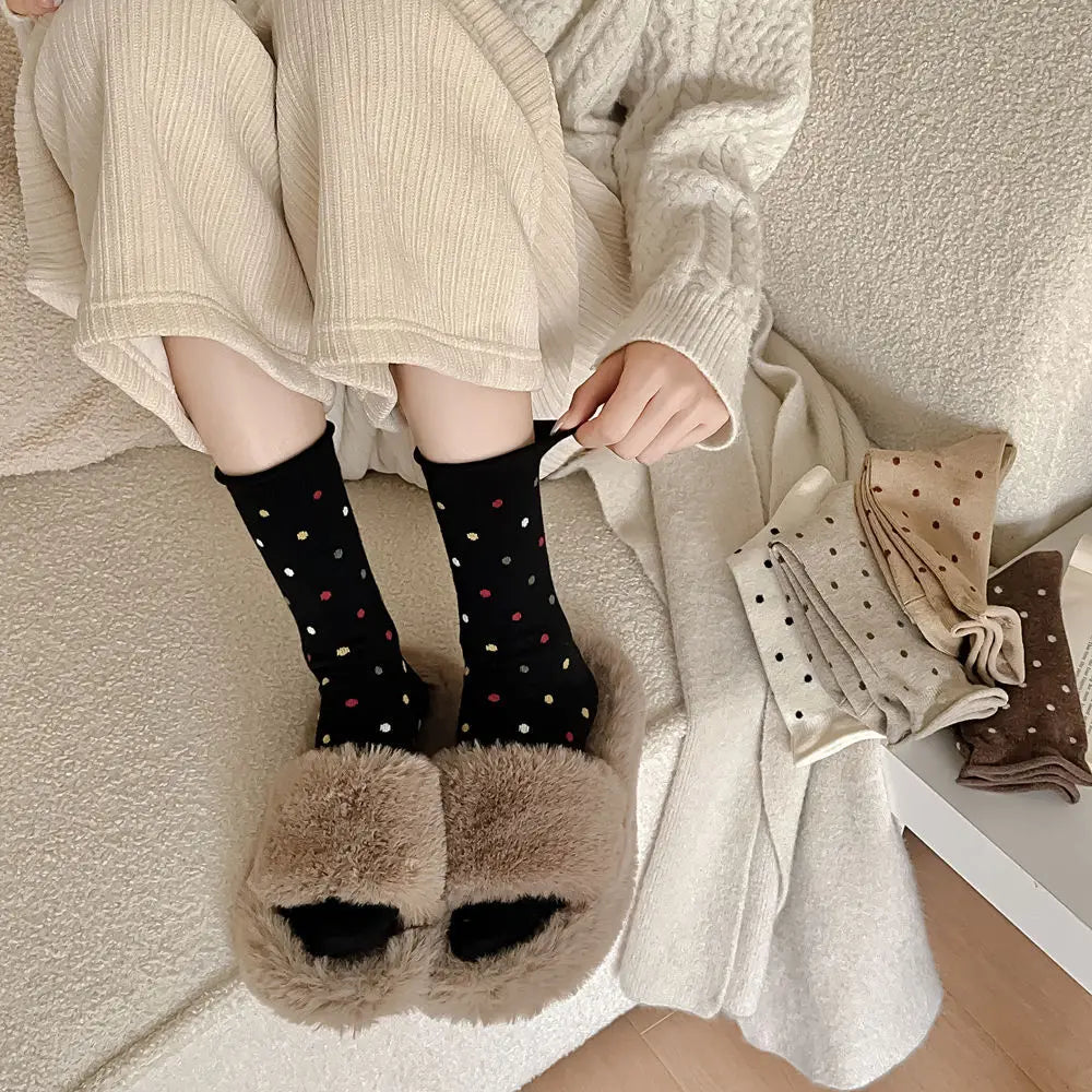Wool Socks Women Autumn and Winter Thick Warm Middle-tube Socks Polka Dot Japanese Kawaii Cute Thermal Long Socks Christmas Gift