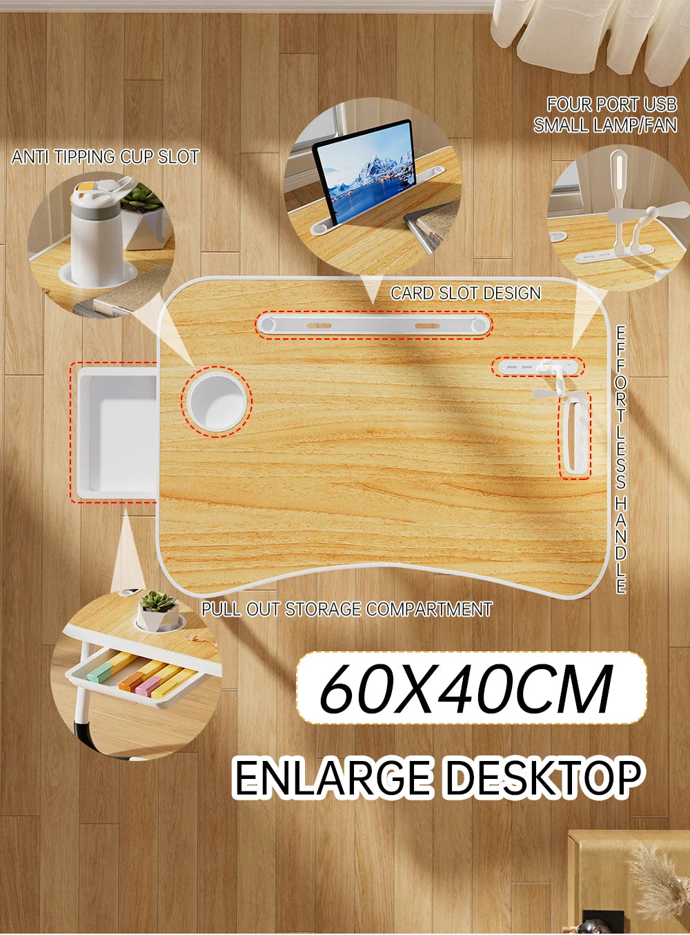Portable Laptop Desk with USB Light, Small Fan, Cup Holder, Tablet Slot, and Lifting Handle - Foldable Laptop Table for Working,